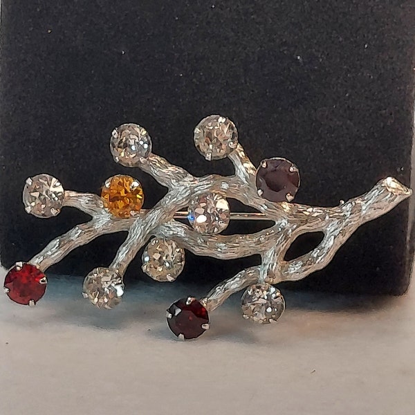 Vintage Van Dell Sterling Silver, Family Tree, Mother's Brooch, 2" X 1", Ruby Topaz Garnet Clear Rhinestones, Excellent Condition