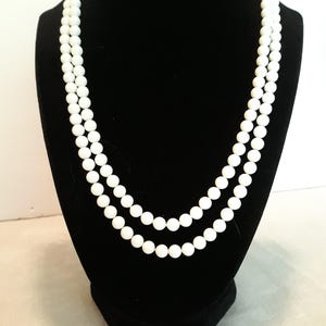 Vintage Double Strand Milk Glass Beaded Necklace, 5mm Beads, With a Textured Leaf, Faux Pearl and Rhinestone Pressure Clasp, 18&quot; Long
