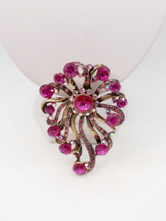 Vintage Bright Pink Rhinestone Brooch, Antique Gol