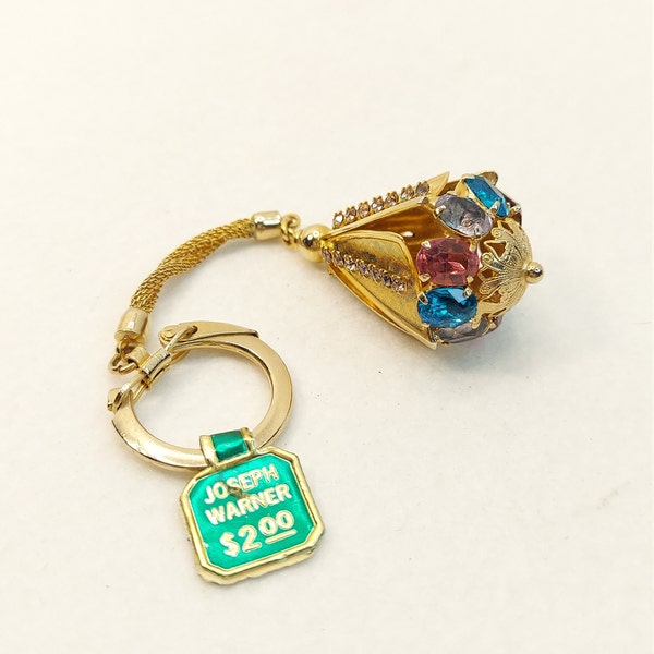 Vintage Joseph Warner Multi-Colored Rhinestone Bejeweled Key Ring, Gold-Tone, 4 1/2" Long,  NOS With Tags, Excellent Condition, Collectable