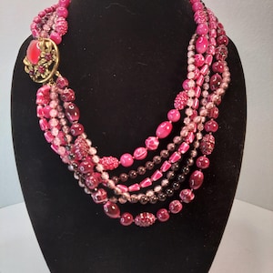 Vintage Selini Shades of Pink Multi-Strand Torsade Necklace, Antique Gold-Tone, 22 1/2&quot;- 24&quot; Long, Floral Hook Clasp, Excellent Condition