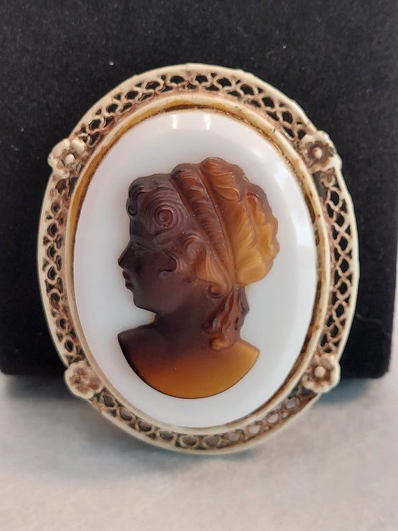 Vintage Root Beer Cameo on Milk Glass Brooch/Penda