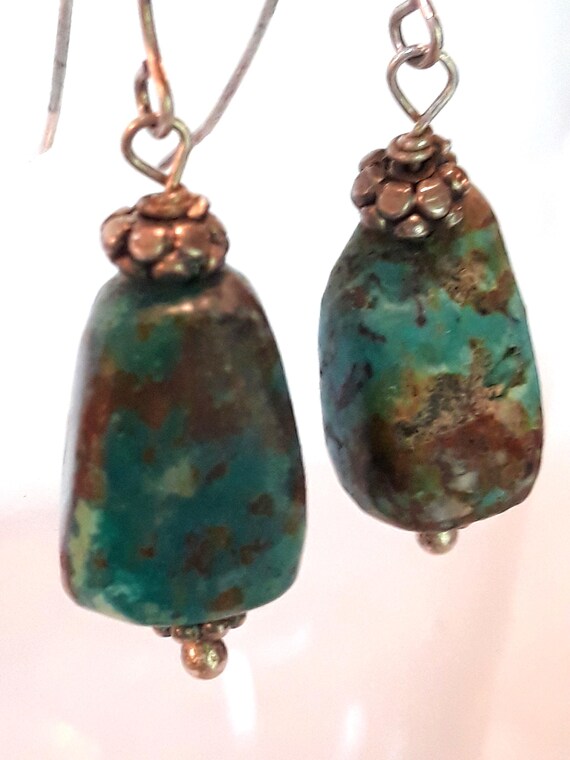 Sterling Silver Rustic Turquoise Dangle Drop Earr… - image 4