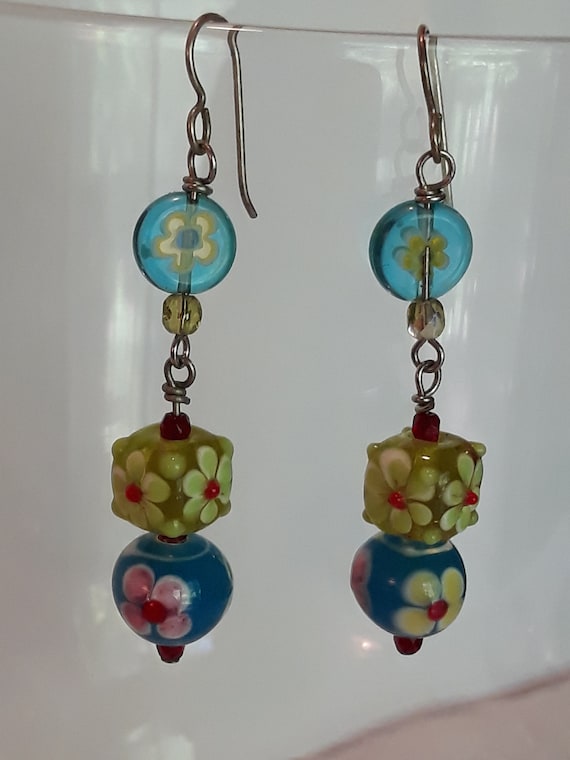 Artisan Flower-Painted Blue and Yellow Glass Bead… - image 1