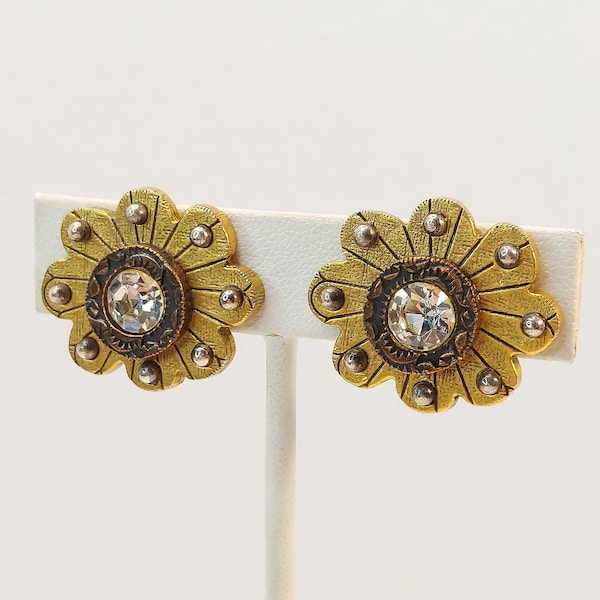 Vintage Signed Patricia Locke Modernist Tri-Color Rhinestone Earrings, Gold-Tone, Clip-On, 1 1/8" X 1", Excellent Vintage Condition