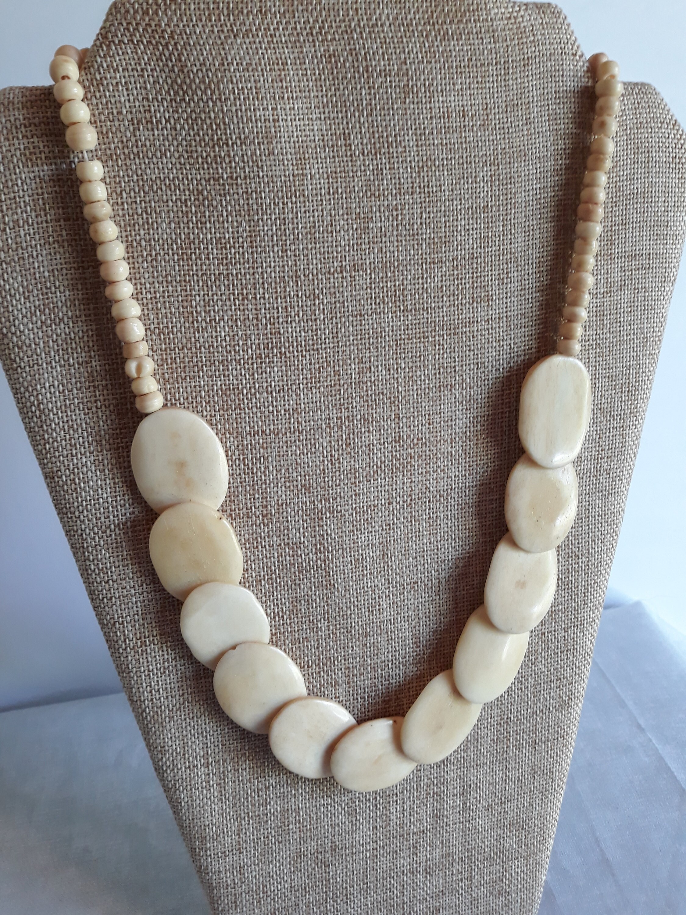 Vintage Polished Carved Bone Necklace With Disc Shaped and Small