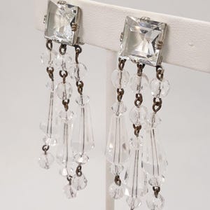 Gorgeous! Vintage 1940s Art Deco Faceted Glass Chandelier Dangle Earrings, Silver-Tone, Clip-On, 3&quot; Long, Excellent Condition