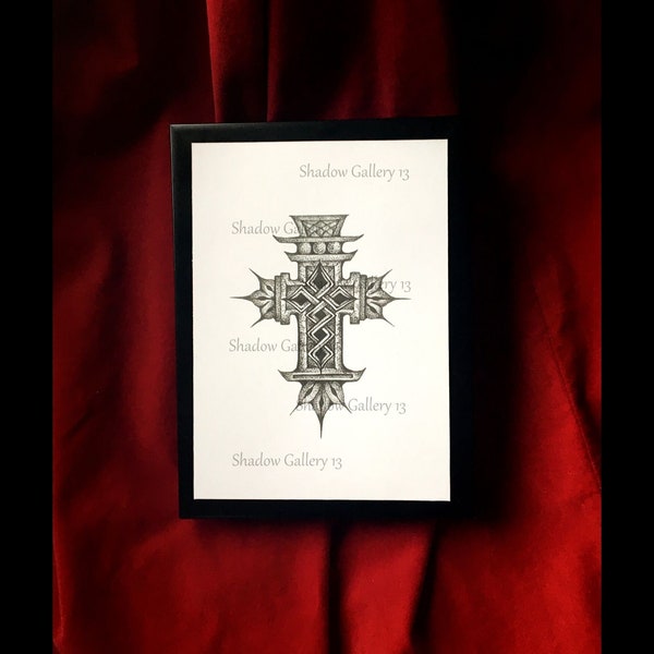 Instant download of hand drawn black ink Gothic, knotwork cross by Alexandria Adams.  5x7 inch instant digital download.