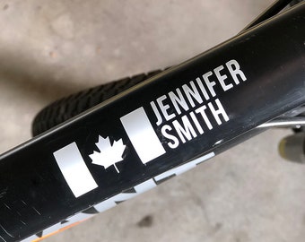 Calcomanía con nombre de bicicleta, pegatina personalizada con bandera de Canadá/calcomanía de cuadro de bicicleta