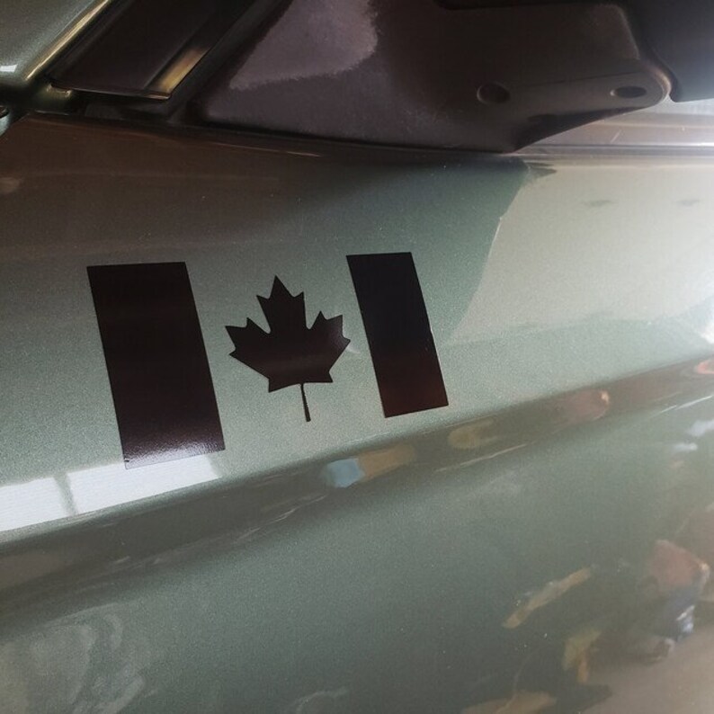 May include: A black decal of the Canadian flag, featuring a maple leaf and two vertical rectangles, is affixed to a vehicle's surface. The decal is positioned on a light green metallic surface, reflecting ambient light.