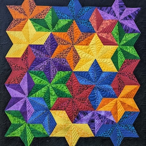 May include: A colorful quilt with a geometric pattern of stars. The quilt is made of various fabrics with different patterns, including leopard print, stripes, and floral designs. The quilt is sewn together in a way that creates a three-dimensional effect.