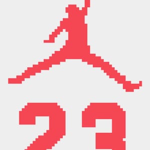 Può includere: Silhouette rossa pixelata di un giocatore di basket sopra il numero 23. Il design è su sfondo bianco. L'immagine è una rappresentazione grafica di un famoso logo sportivo.