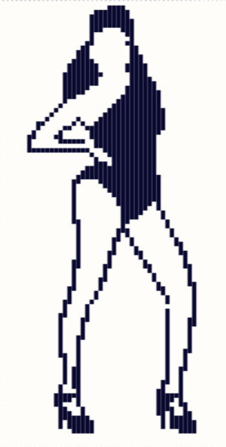 May include: A black and white pixel art illustration of a person standing with their arms crossed.