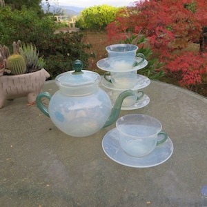 Rare Fry Glassware Foval Opalescent and Jade Tea set (10 pieces) ca 1926-27 (free shipping)