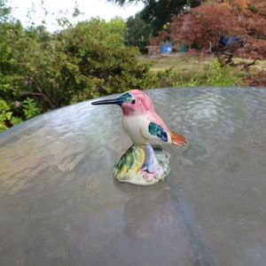 May include: A ceramic hummingbird figurine with a pink head and chest, green and blue accents on the wings, and a long black beak. The bird is perched on a colorful, textured base. The figurine is displayed outdoors.