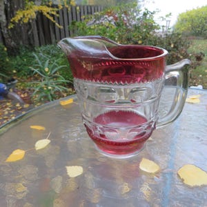 Very Spectacular 7-3/4" Ruby/Cranberry Stained "Kings Crown" Tiffin-Franciscan 52oz.  Ice Lip Water Pitcher ca. 1950-62