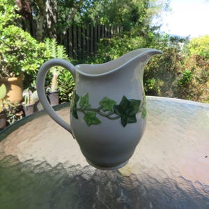 May include: Cream-colored ceramic pitcher with a curved handle and spout. The pitcher is decorated with a green ivy leaf design. The pitcher is sitting on a glass table, with a blurred background of greenery.