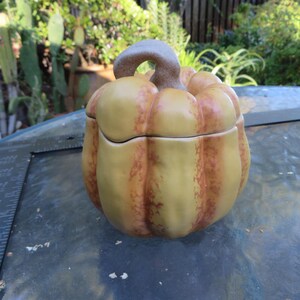 May include: A ceramic pumpkin-shaped lidded container with a smooth, pale yellow finish and mottled reddish-brown accents along the vertical ridges. The lid features a textured, light-colored stem handle, and a black ruler is visible on the left side.