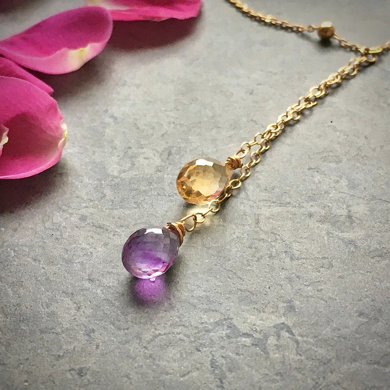 Chain necklace with Citrine and Amethyst.