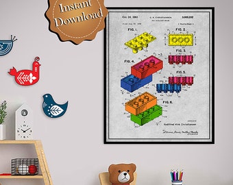 Toy Building Blocks Colorized Patent Digital Download, Kids Room Decor Nursery Decor