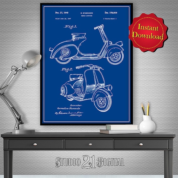 Descarga digital de la patente de scooter de motor, decoración shabby chic de regalo de scooter