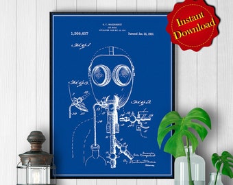 1918 Gas Mask Patent Digital Download, Military Decor WWI