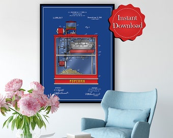 Popcorn Machine Colorized Patent Digital Download, Movie Theater Decor