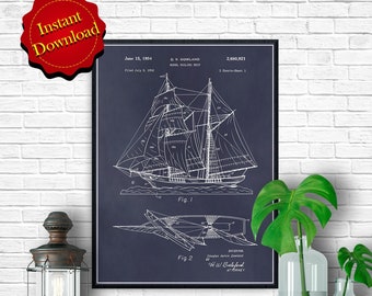 1952 Model Sailing Ship Patent Digital Download, Beach Art Nautical Wall Art