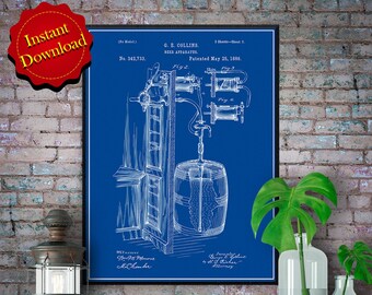 May include: A vintage blueprint style illustration of a patent for a beer apparatus. The patent is for G.E. Collins and was patented on May 25, 1886. The patent number is 342,733. The illustration shows a beer barrel with a tap and a system of pipes and valves.
