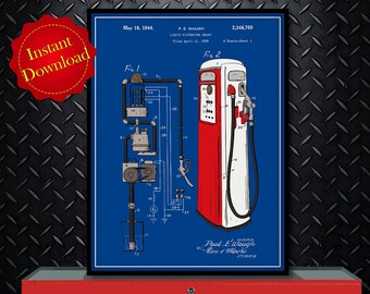 Tokheim Gas Pump Colorized Patent Digital Download, Mechanic Gift Garage Art Blueprint