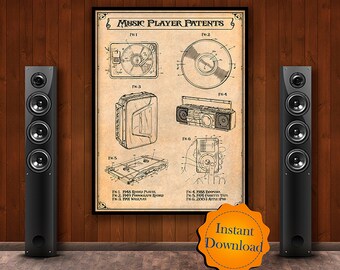 Music Player Patents Poster: Vintage Blueprint Art (Digital Download)