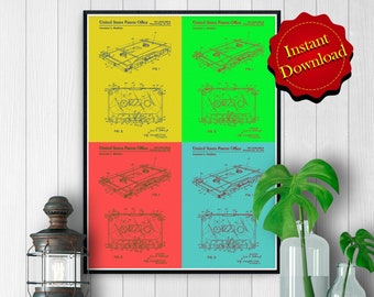 May include: A vintage cassette tape patent drawing in four different colour combinations: yellow, green, red, and blue. The patent drawing shows the cassette tape in different angles and includes the text "United States Patent Office".