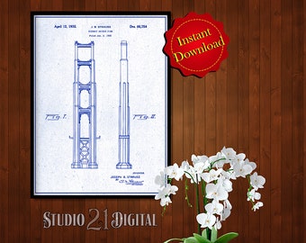 May include: A vintage blueprint style illustration of the Golden Gate Bridge patent, showing the design of the tower. The patent is dated April 12, 1932, and the patent number is Des 86,754. The text "Instant Download" is in a red circle on the right side of the image.