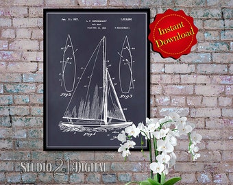 Herreshoff Sail Boat Patent Digital Download, Beach Art Nautical Wall Art