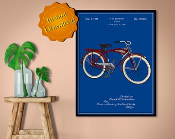 Schwinn Bicycle Colorized Patent Digital Download, Cycling Art Print Vintage Bicycle Tour De France
