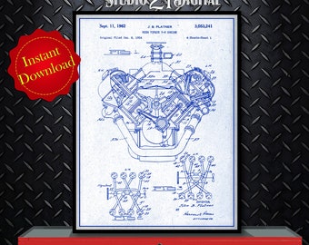 Impresión de patente imprimible de motor V8 de alto torque, plano digital de regalo para mecánicos, arte de garaje