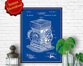 Puede incluir: Un dibujo de patente vintage azul y blanco para un molinillo de café. El dibujo muestra una ilustración detallada del molinillo de café con sus diferentes partes etiquetadas. El número de patente es 490.163 y la fecha es el 17 de enero de 1893. El nombre del inventor es J.B. Quiggle.