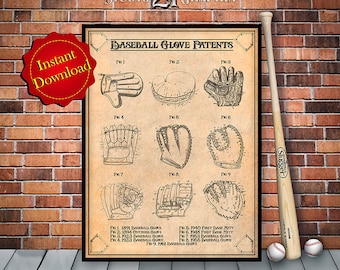 Baseball Glove Patents Digital Download, Baseball Coach Gift Printable Wall Art