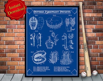 Catcher Equipment Patents Digital Download, Baseball Coach Gift Printable Wall Art