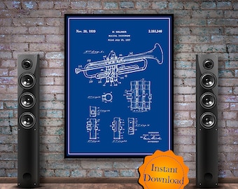 Trumpet Printable Patent Print, Musician Gift, Music Room Decor