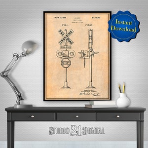 Railroad Crossing Traffic Signal Patent Digital Download, Railroad Decor Train Gifts