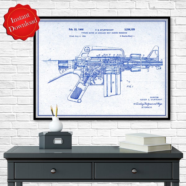 AR-15 Assault Rifle M16 Patent Digital Download, Gun Art Military Decor