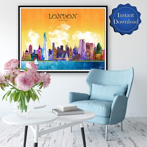 Download digital de Londres em cores vivas, impressão do horizonte da cidade da Inglaterra, presente de viagem