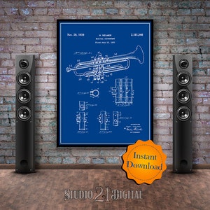 Trumpet Printable Patent Print, Musician Gift, Music Room Decor