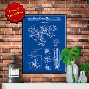 May include: A blue and white blueprint style illustration of a 3-D printer patent. The patent is titled "3-D Printer" and includes the patent number US 5,121,329, the inventor's name S. Scott Crump, and the original assignee Stratasys, Inc. The patent was filed on June 9, 1992.