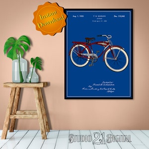 Schwinn Bicycle Colorized Patent Digital Download, Cycling Art Print Vintage Bicycle Tour De France