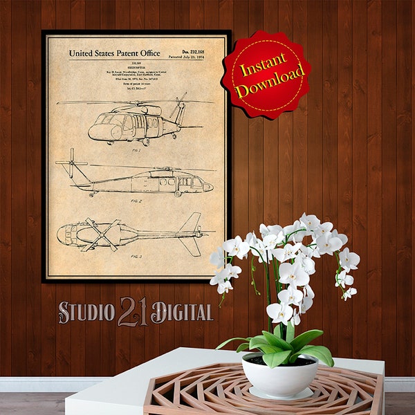 Sikorsky UH-60 Black Hawk Patent Digital Download, Pilot or Flight Student Gift Helicopter Blueprint