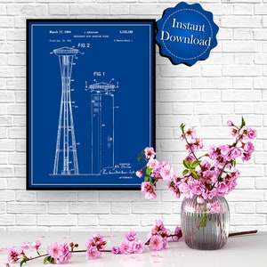 May include: A blue and white blueprint style illustration of the Space Needle, a famous landmark in Seattle, Washington. The patent drawing is titled "Restaurant with Rotating Floor" and includes the patent number 3,125,189. The drawing shows the Space Needle with its iconic observation deck and rotating restaurant.