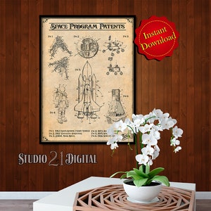 May include: A vintage-style poster with the title "Space Program Patents" and illustrations of various space exploration equipment, including a lunar landing vehicle, a satellite, a space suit, a space shuttle, and a spacecraft. The poster has a brown background and black and white illustrations.