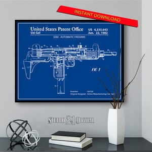 May include: A blue and white blueprint style illustration of a Uzi Gal semi-automatic firearm patent. The patent number is US 4,335,643 and the date is June 22, 1982. The text "United States Patent Office" and "SEMI - AUTOMATIC FIREARMS" is also included.